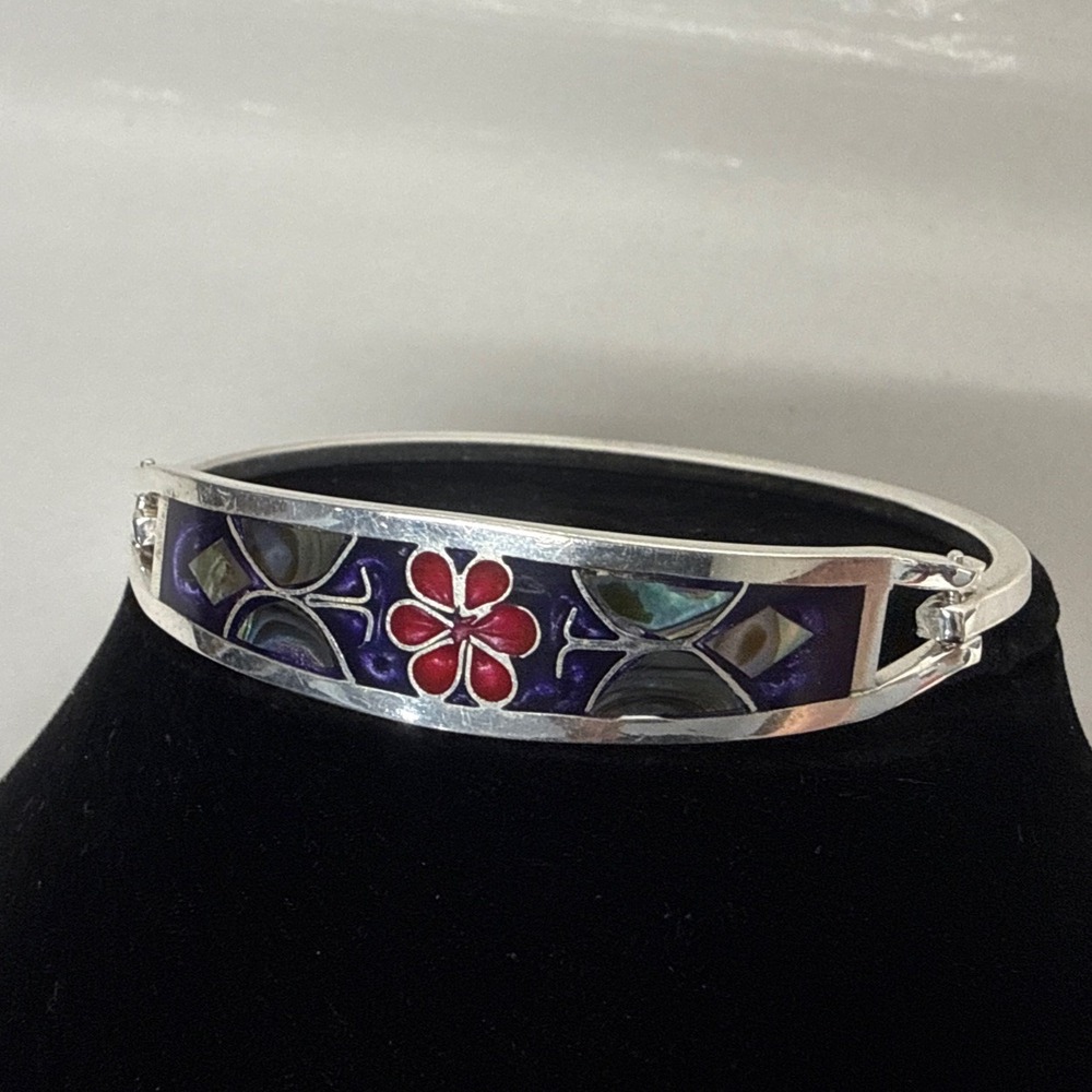 Vintage Mexico Alpaca Silver Hinged Bracelet Abalone Inlay Flower Butterfly